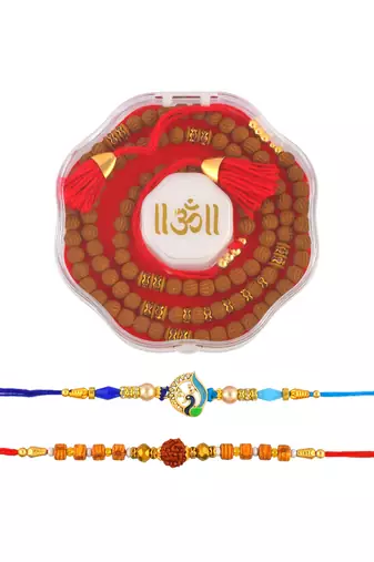 Rakhi for bhaiya bhabhi- one long tulsi bead wraparound with one pure silver charm and one rudraksh   (pack of 3 )