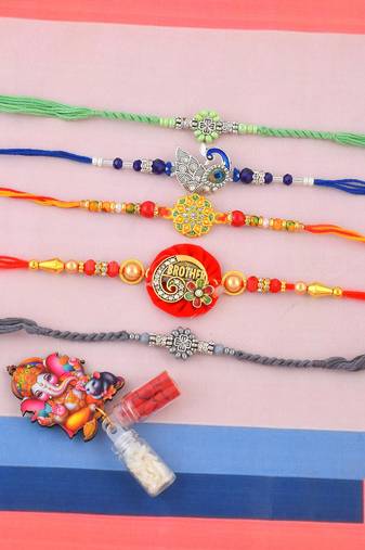 Rakhi for bhaiya bhabhi-traditional 5 rakhi combo for rakshabandhan