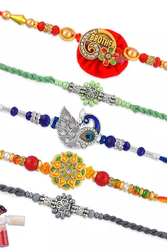 Rakhi for bhaiya bhabhi-traditional 5 rakhi combo for rakshabandhan