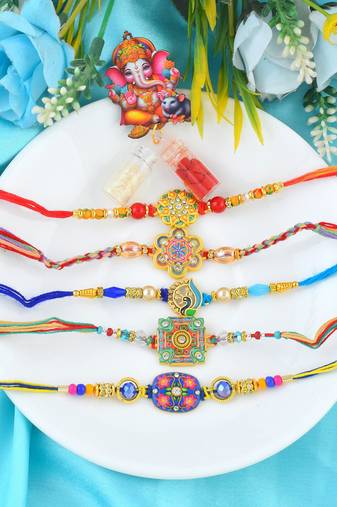 Rakhi for bhaiya bhabhi-traditional handmade 5 rakhi combo for rakshabandhan