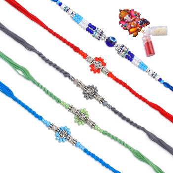 Rakhi for bhaiya bhabhi-pure silver charm 4 rakhi and one evil eye rakhi set (pack of 5) 2
