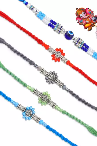 Rakhi for bhaiya bhabhi-pure silver charm 4 rakhi and one evil eye rakhi set (pack of 5)