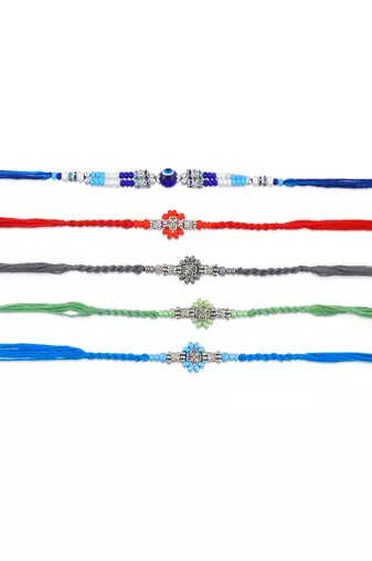 Rakhi for bhaiya bhabhi-pure silver charm 4 rakhi and one evil eye rakhi set (pack of 5)