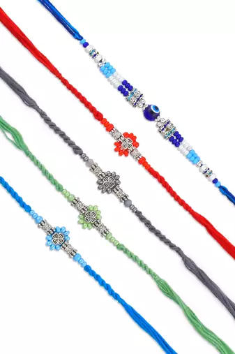 Rakhi for bhaiya bhabhi-pure silver charm 4 rakhi and one evil eye rakhi set (pack of 5)