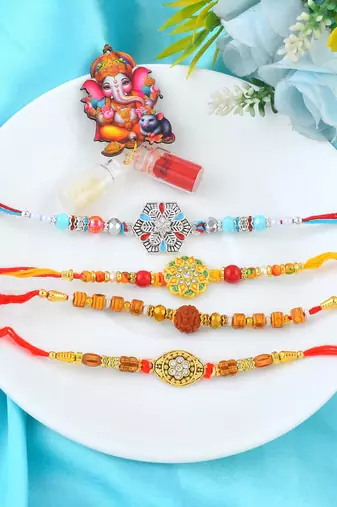 Rakhi for bhaiya bhabhi-traditional handmade 4 rakhi combo for rakshabandhan