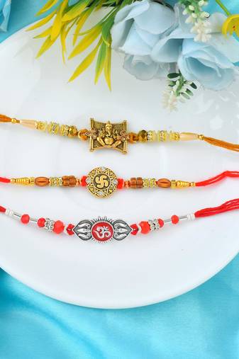 Rakhi for bhaiya bhabhi-brass gold plated, pure silver and swastik rakhi for rakshabandhan (pack of 3)