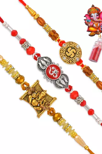 Rakhi for bhaiya bhabhi-brass gold plated, pure silver and swastik rakhi for rakshabandhan (pack of 3)