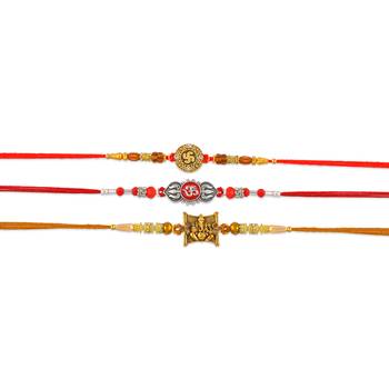 Rakhi for bhaiya bhabhi-brass gold plated, pure silver and swastik rakhi for rakshabandhan (pack of 3) 3