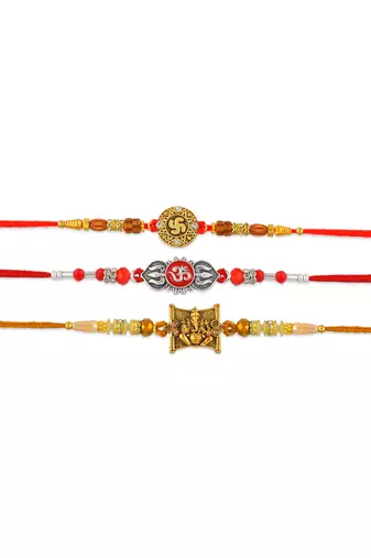 Rakhi for bhaiya bhabhi-brass gold plated, pure silver and swastik rakhi for rakshabandhan (pack of 3)