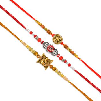 Rakhi for bhaiya bhabhi-brass gold plated, pure silver and swastik rakhi for rakshabandhan (pack of 3) 4