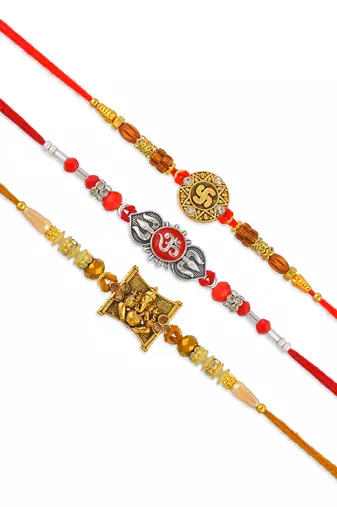 Rakhi for bhaiya bhabhi-brass gold plated, pure silver and swastik rakhi for rakshabandhan (pack of 3)