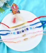 Rakhi for bhaiya bhabhi-pearl, cz and evil eye rakhi set for rakshabandhan with silver coin (pack of 5)