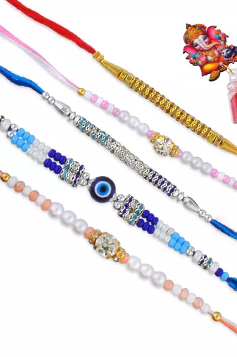 Rakhi for bhaiya bhabhi-pearl, cz and evil eye rakhi set for rakshabandhan with silver coin (pack of 5)