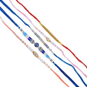 Rakhi for bhaiya bhabhi-pearl, cz and evil eye rakhi set for rakshabandhan with silver coin (pack of 5) 3