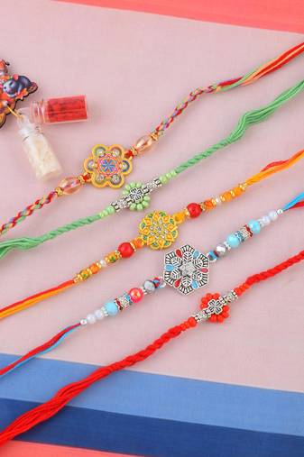 Rakhi for bhaiya bhabhi-traditional handmade 5 rakhi combo for rakshabandhan