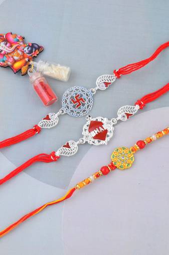 Rakhi for bhaiya bhabhi- 2 pure silver and one traditional for rakshabandhan with silver coin (pack of 3)