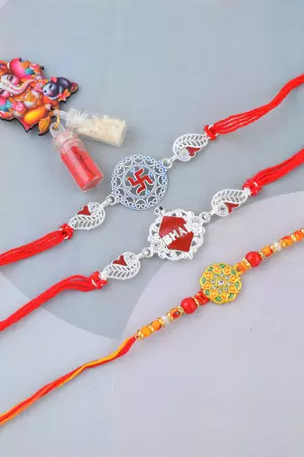 Rakhi for bhaiya bhabhi- 2 pure silver and one traditional for rakshabandhan with silver coin (pack of 3)