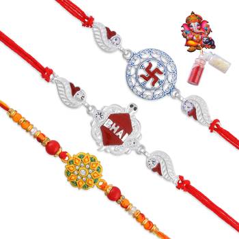 Rakhi for bhaiya bhabhi- 2 pure silver and one traditional for rakshabandhan with silver coin (pack of 3) 2
