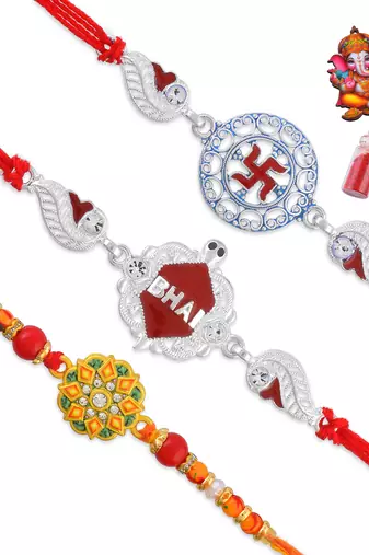Rakhi for bhaiya bhabhi- 2 pure silver and one traditional for rakshabandhan with silver coin (pack of 3)