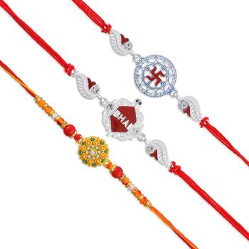 Rakhi for bhaiya bhabhi- 2 pure silver and one traditional for rakshabandhan with silver coin (pack of 3) 4