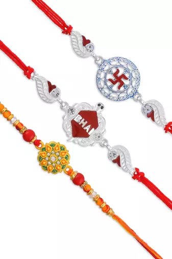 Rakhi for bhaiya bhabhi- 2 pure silver and one traditional for rakshabandhan with silver coin (pack of 3)