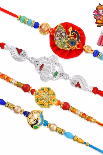 Rakhi for bhaiya bhabhi-traditional 4 rakhi combo for rakshabandhan
