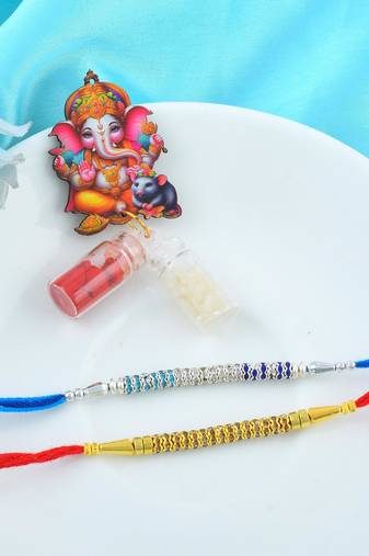 Rakhi for bhaiya bhabhi- imitation diamond rakhi with 50% silver content lakshmi ganesh coin (pack of 2)
