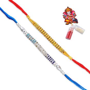 Rakhi for bhaiya bhabhi- imitation diamond rakhi with 50% silver content lakshmi ganesh coin (pack of 2) 2