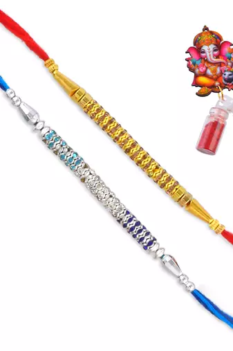 Rakhi for bhaiya bhabhi- imitation diamond rakhi with 50% silver content lakshmi ganesh coin (pack of 2)