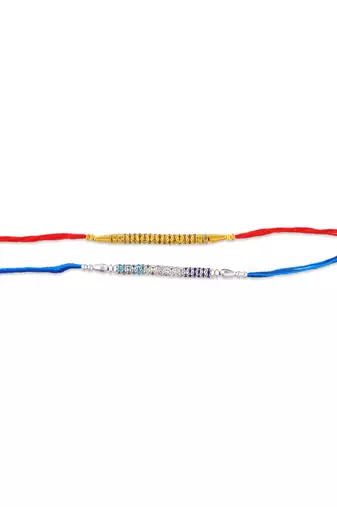 Rakhi for bhaiya bhabhi- imitation diamond rakhi with 50% silver content lakshmi ganesh coin (pack of 2)