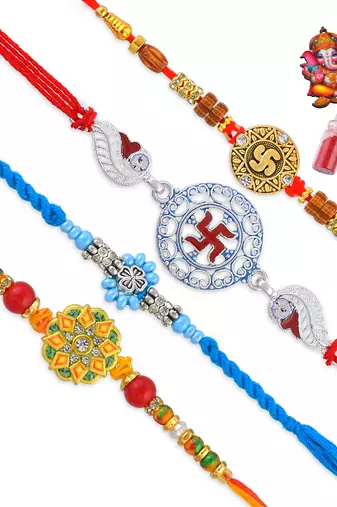 Pure silver and fabric rakhi for bhaiya bhabhi for rakshabadhan (pack of 4 )