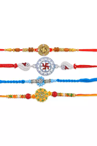 Pure silver and fabric rakhi for bhaiya bhabhi for rakshabadhan (pack of 4 )