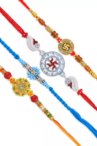 Pure silver and fabric rakhi for bhaiya bhabhi for rakshabadhan (pack of 4 )
