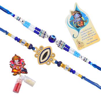 Ceramic evil eye combo rakhi for bhaiya bhabhi with 50% silver content lakshmi ganesh coin (pack of 2) 2