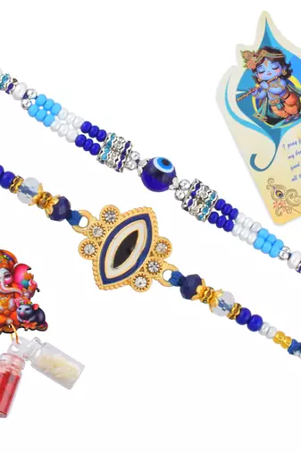 Ceramic evil eye combo rakhi for bhaiya bhabhi with 50% silver content lakshmi ganesh coin (pack of 2)