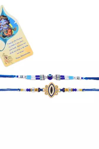 Ceramic evil eye combo rakhi for bhaiya bhabhi with 50% silver content lakshmi ganesh coin (pack of 2)