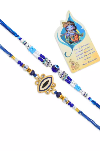 Ceramic evil eye combo rakhi for bhaiya bhabhi with 50% silver content lakshmi ganesh coin (pack of 2)