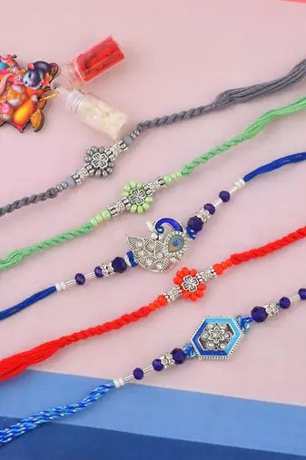 Pure silver rakhi combo for bhai bhabhi family for rakshabandhan (pack of 5)