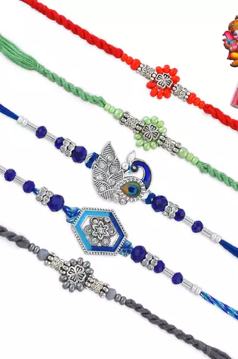 Pure silver rakhi combo for bhai bhabhi family for rakshabandhan (pack of 5)