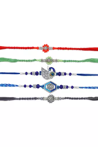 Pure silver rakhi combo for bhai bhabhi family for rakshabandhan (pack of 5)