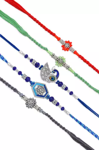 Pure silver rakhi combo for bhai bhabhi family for rakshabandhan (pack of 5)