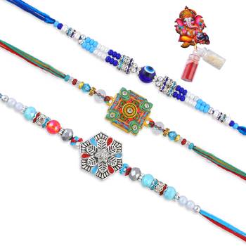 Pure silver and beaded traditional rakhi for bhaiya bhabhi for rakshabandhan (pack of 3) 2