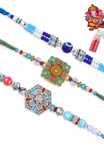 Pure silver and beaded traditional rakhi for bhaiya bhabhi for rakshabandhan (pack of 3)