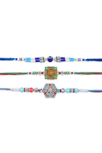 Pure silver and beaded traditional rakhi for bhaiya bhabhi for rakshabandhan (pack of 3)