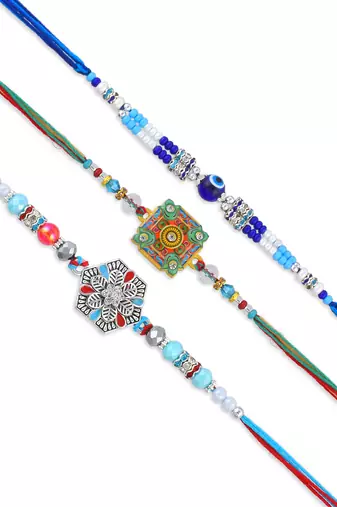 Pure silver and beaded traditional rakhi for bhaiya bhabhi for rakshabandhan (pack of 3)