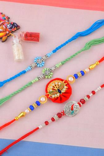 Pure silver and cz meenakari combo rakhi for bhaiya bhabhi for rakshabandhan (pack of 4)