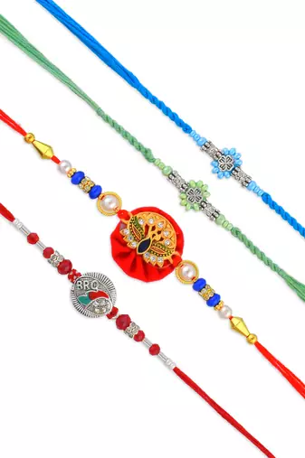 Pure silver and cz meenakari combo rakhi for bhaiya bhabhi for rakshabandhan (pack of 4)
