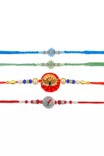 Pure silver and cz meenakari combo rakhi for bhaiya bhabhi for rakshabandhan (pack of 4)