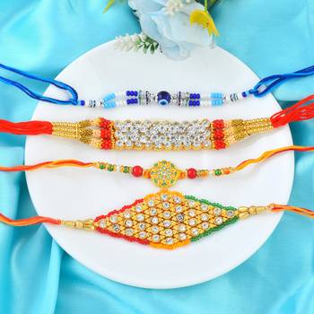 Imitation diamond handmade traditional rakhi for bhaiya bhabhi & children (pack of 4) 1