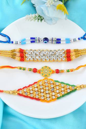 Imitation diamond handmade traditional rakhi for bhaiya bhabhi & children (pack of 4)